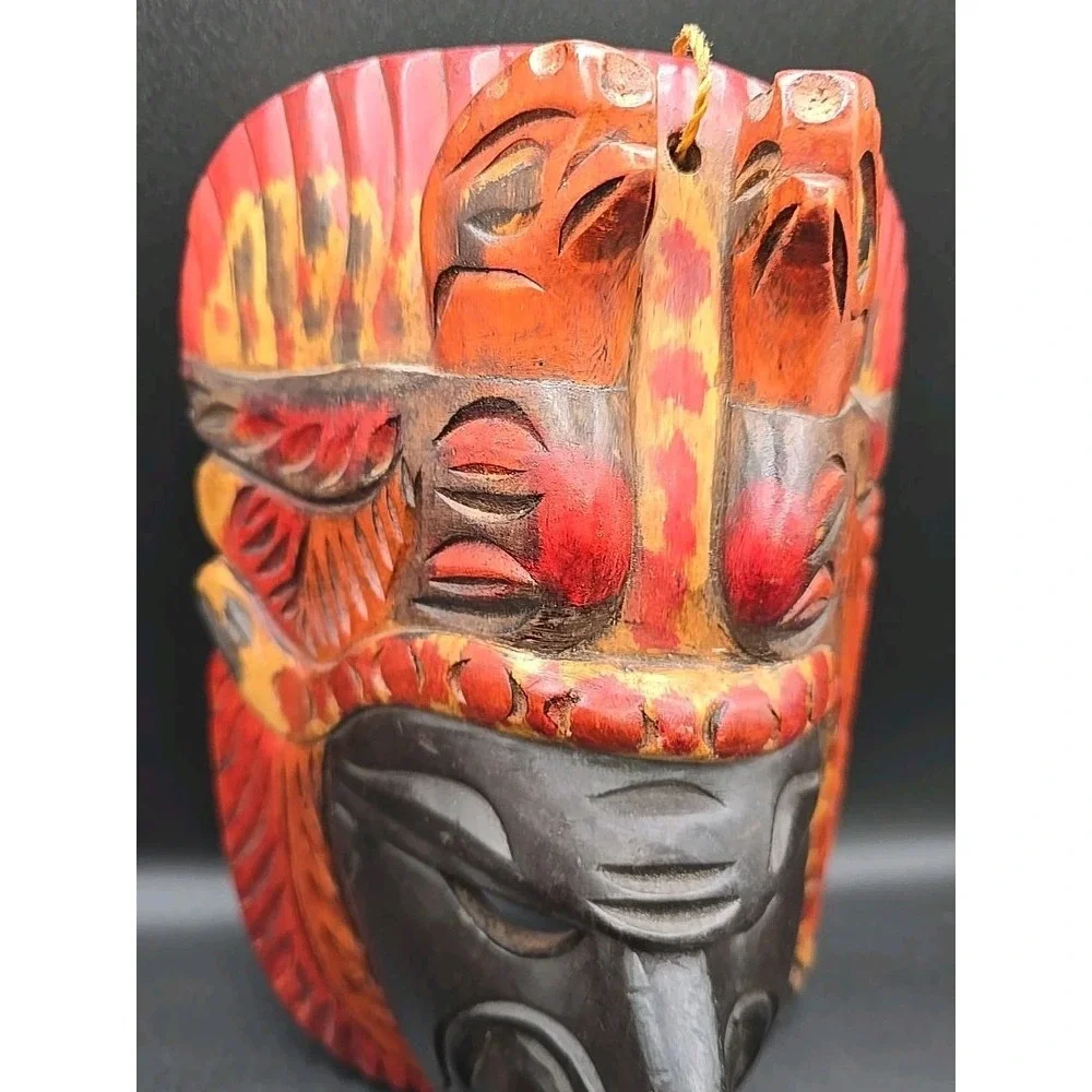 Tribal Mayan Aztec Hand Carved Wooden Face Mask Decorative Art Wall Painted